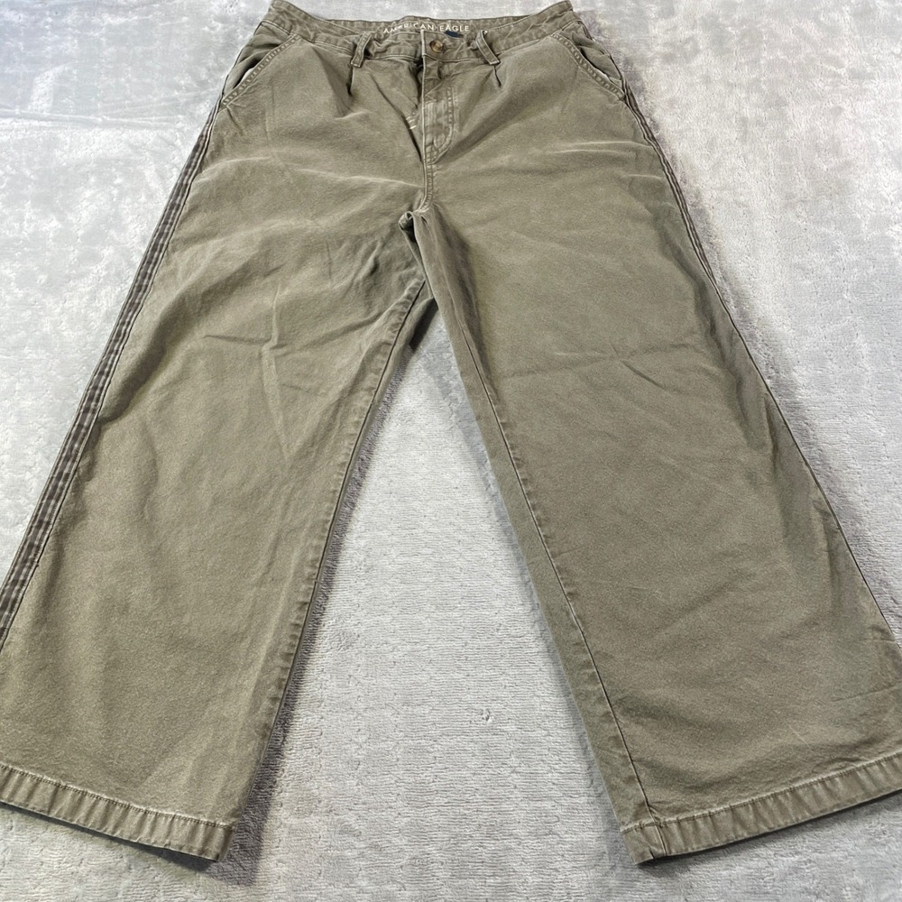American Eagle Ziegler Pants Women 12 Short Green High Rise Baggy Wide‎ Leg